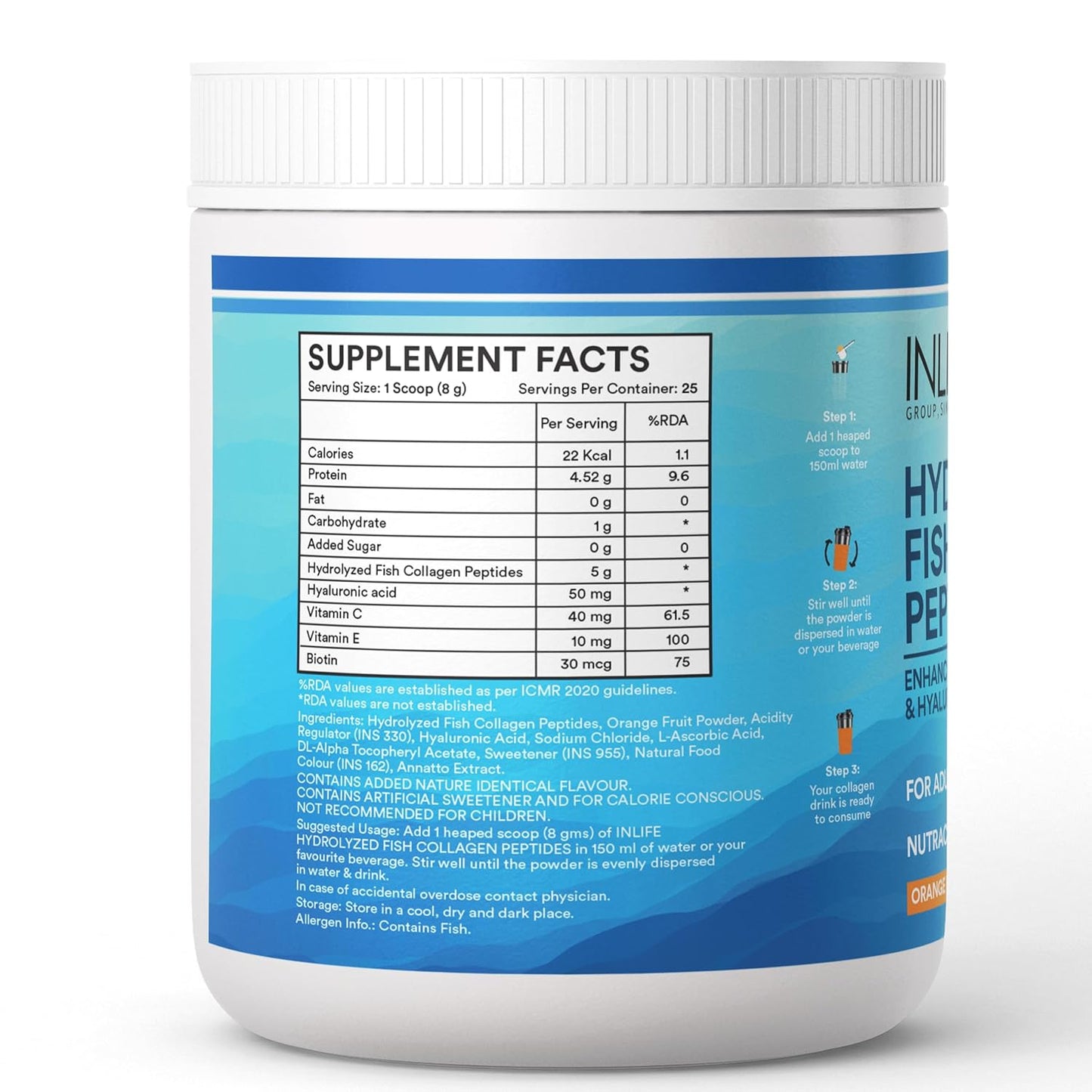 INLIFE Hydrolyzed Marine Collagen Tripeptides Supplement | Vitamin C, E, Biotin & Hyaluronic Acid | For Skin, Hair & Nails,(200g, Orange)