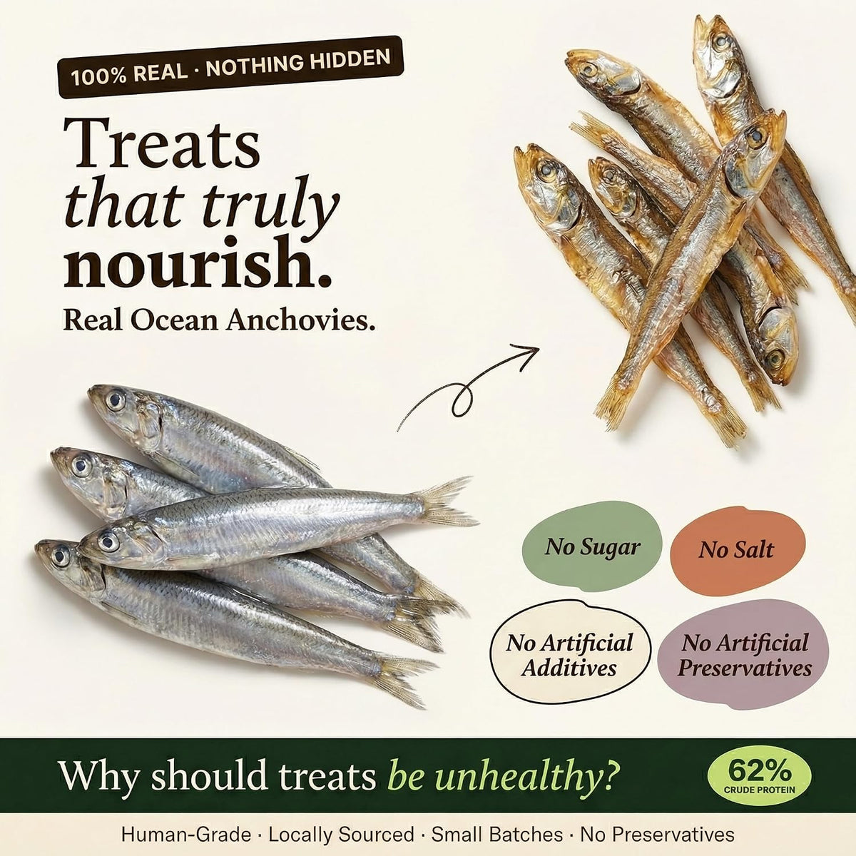 Whisker and Wilde Dehydrated Anchovies | Cat Treats | Natural Taurine & Omega-3 | Heart Health & Silky Coat | Training and Reward | Dental Chew | Human-Grade | No Preservatives | 70g