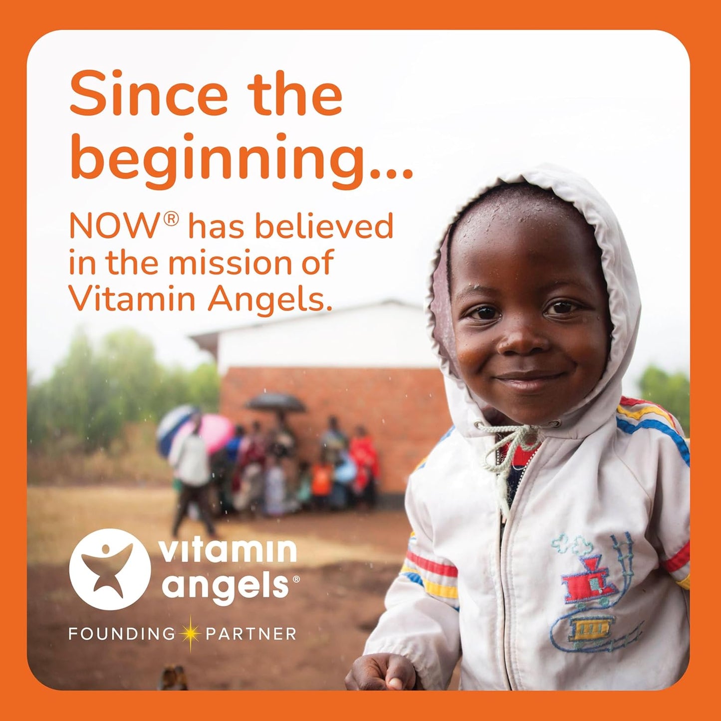 Child in a raincoat with 'Vitamin Angels' branding and text about belief in their mission.