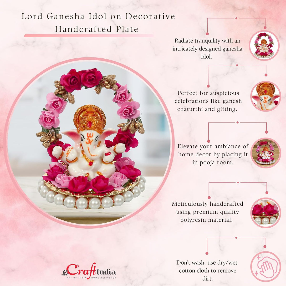Lord Ganesha Idol on Decorative Handcrafted Plate with Throne of Pink and Red Flowers