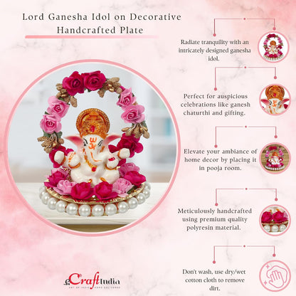 Lord Ganesha Idol on Decorative Handcrafted Plate with Throne of Pink and Red Flowers