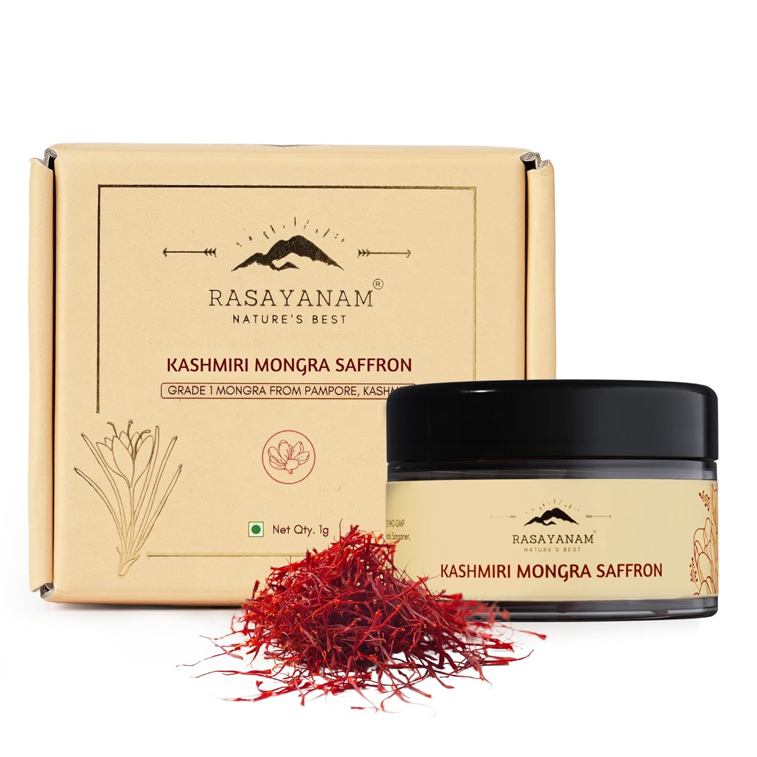 Rasayanam Kashmiri Mongra Saffron packaging with saffron strands on a white background