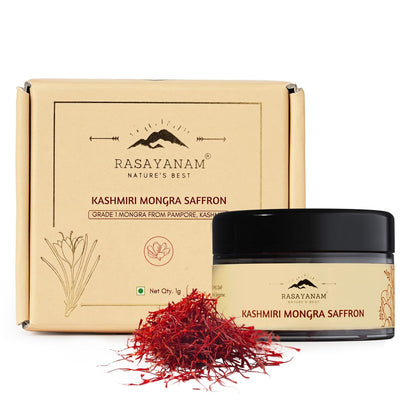 Rasayanam Kashmiri Mongra Saffron packaging with saffron strands on a white background