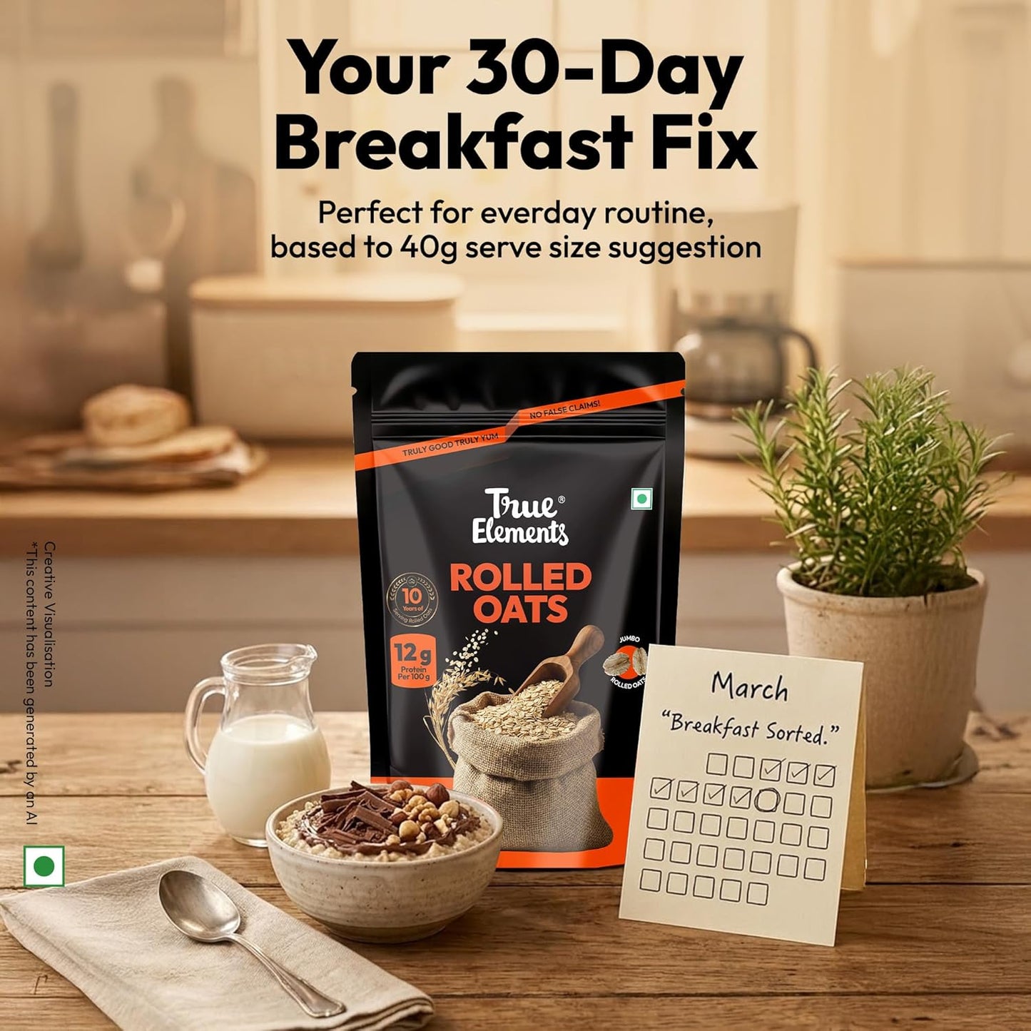 True Elements Rolled Oats 500g -Weight Management | Rich in Protein & Fibre | 100% Wholegrain