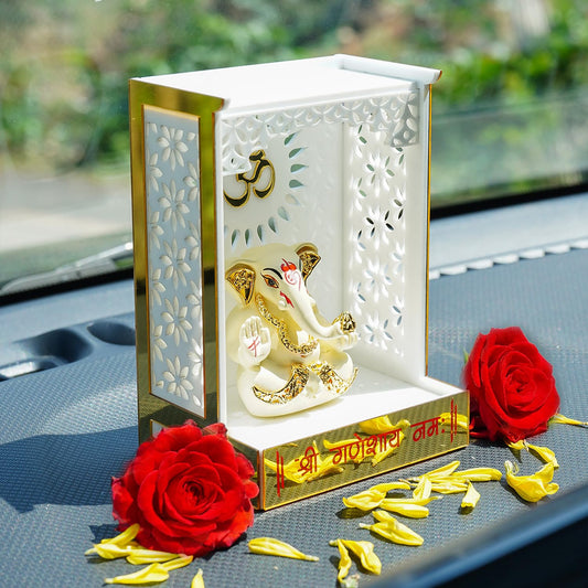 Ganpati Idol In Small Temple for Car Dashboard | Ganesha Mantapa Mandir for Gift | Vinayaka Idols for Home Decor | Ganesha Idol With Mandir for Office Desk Or Pooja Room | Ganesha Idols (Ivory)