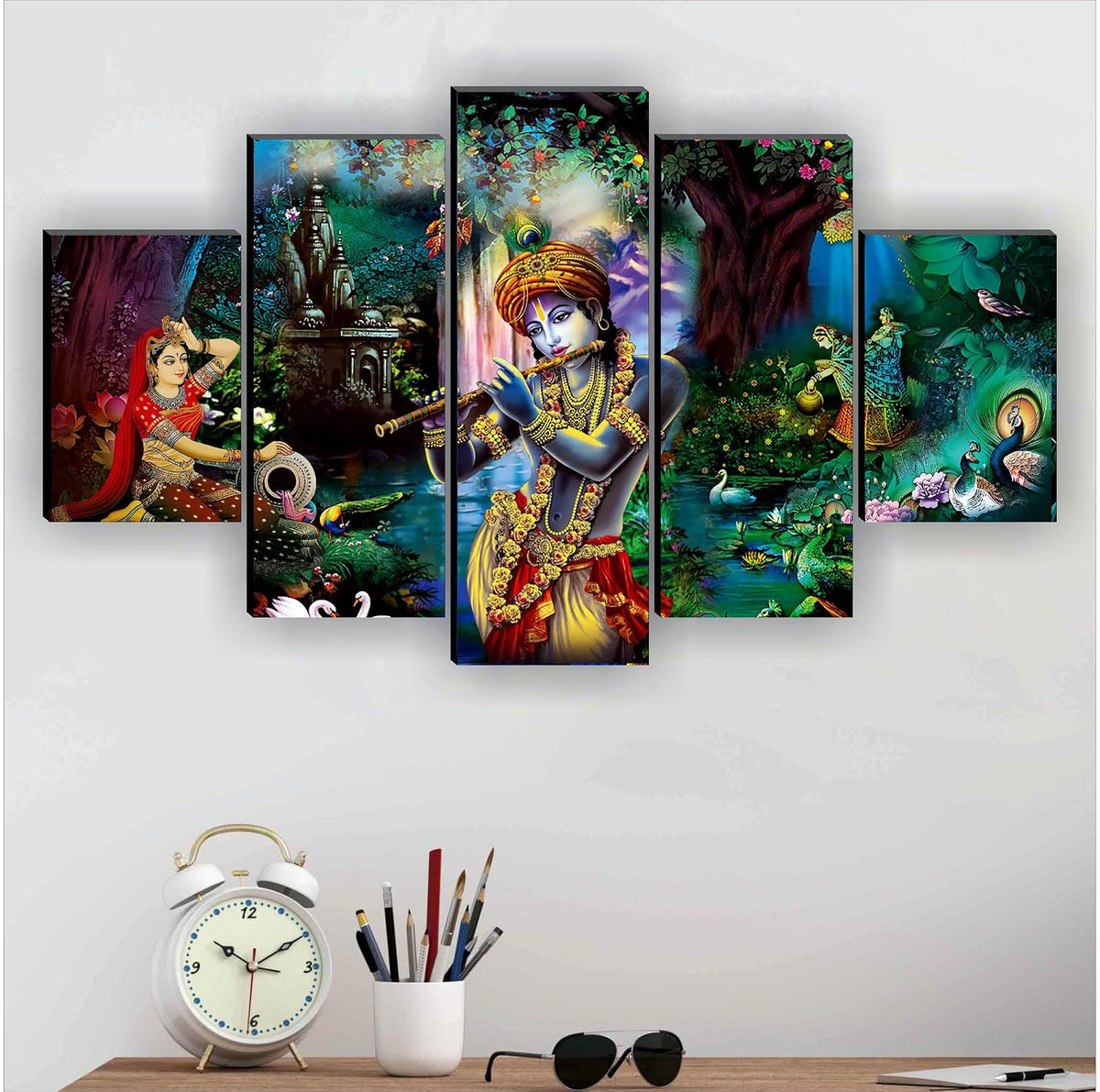 Radha Krishna wall Painting for Living Room | Painting for Wall Decoration | Wedding Gift for Couples | 3D Painting for Bedroom | Abstract Painting Set of 5 (75x45 cm) SAFPNLS32218