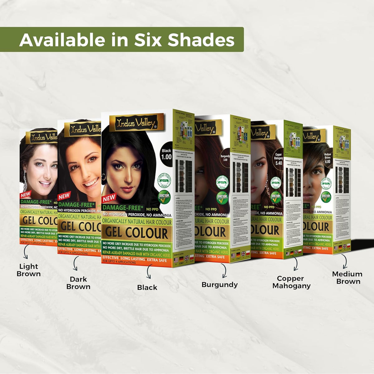 Row of hair color boxes with a white background