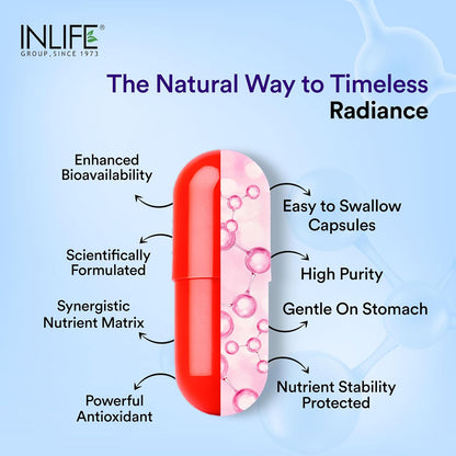INLIFE L-Glutathione Reduced 500mg | Grape Seed Extract, Vitamin C, Hyaluronic Acid, Niacinamide, Vitamin E, Lycopene & Biotin | Antioxidant Complex for Skin & Immune Support - 30 Vegetarian Capsules (Pack of 1)