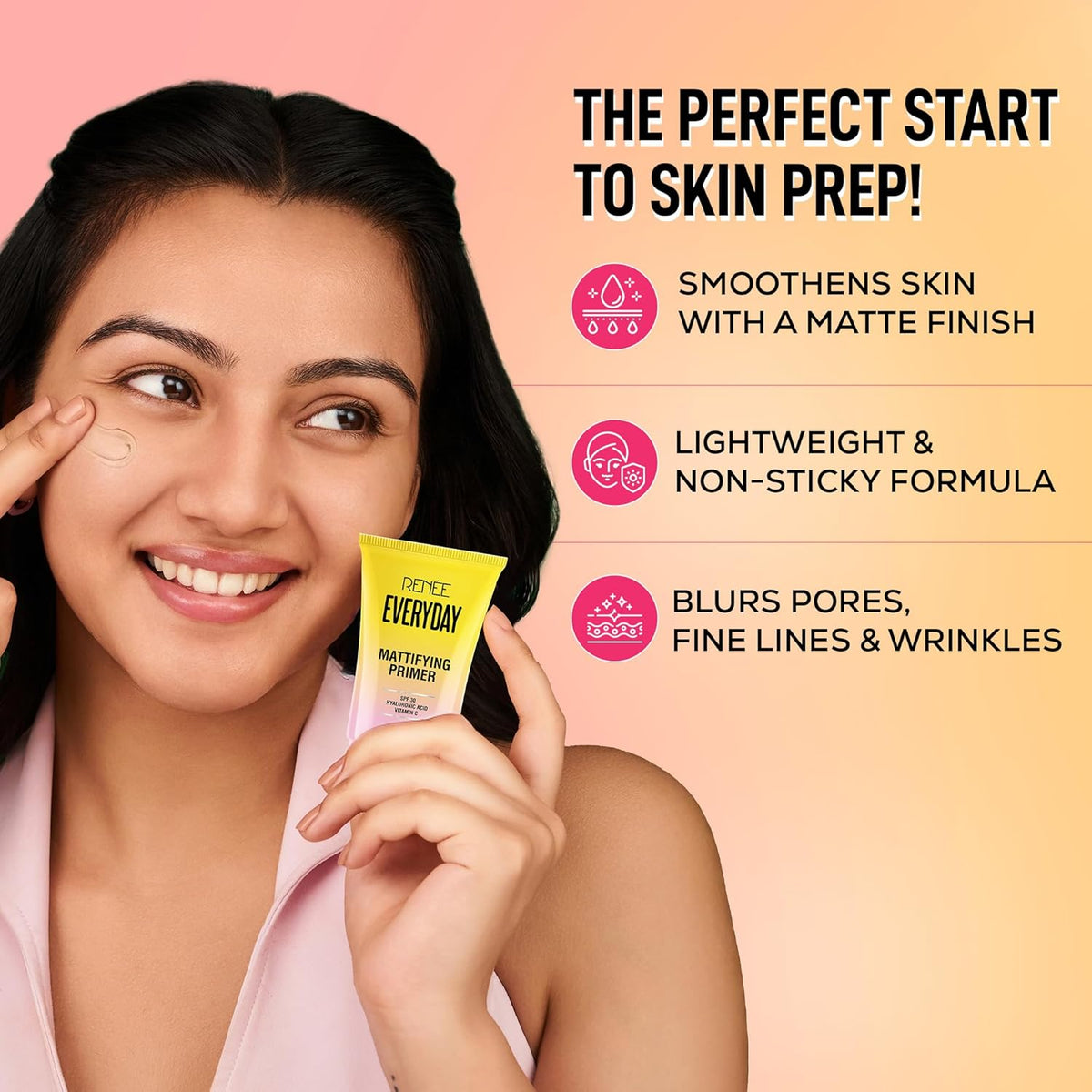 Woman applying a primer with text about its benefits on a pink background