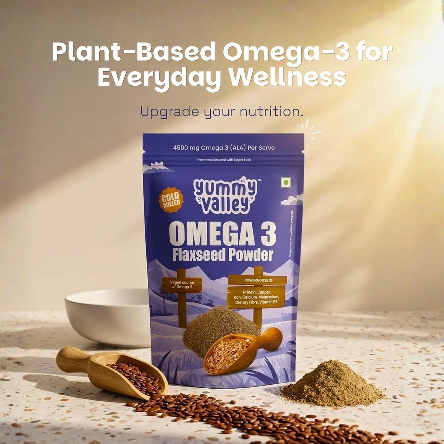 Yummy Valley Omega 3 Flaxseed Powder, 230g | Cold Milled Rich | 4.5g ALA per Serve | High Protein High Fibre | Vegan Plant Based Superfood | Gluten Free | Daily Wellness Nutrition for Women & Men