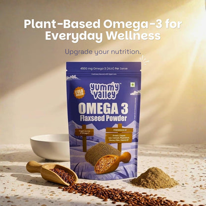 Yummy Valley Omega 3 Flaxseed Powder, 230g | Cold Milled Rich | 4.5g ALA per Serve | High Protein High Fibre | Vegan Plant Based Superfood | Gluten Free | Daily Wellness Nutrition for Women & Men
