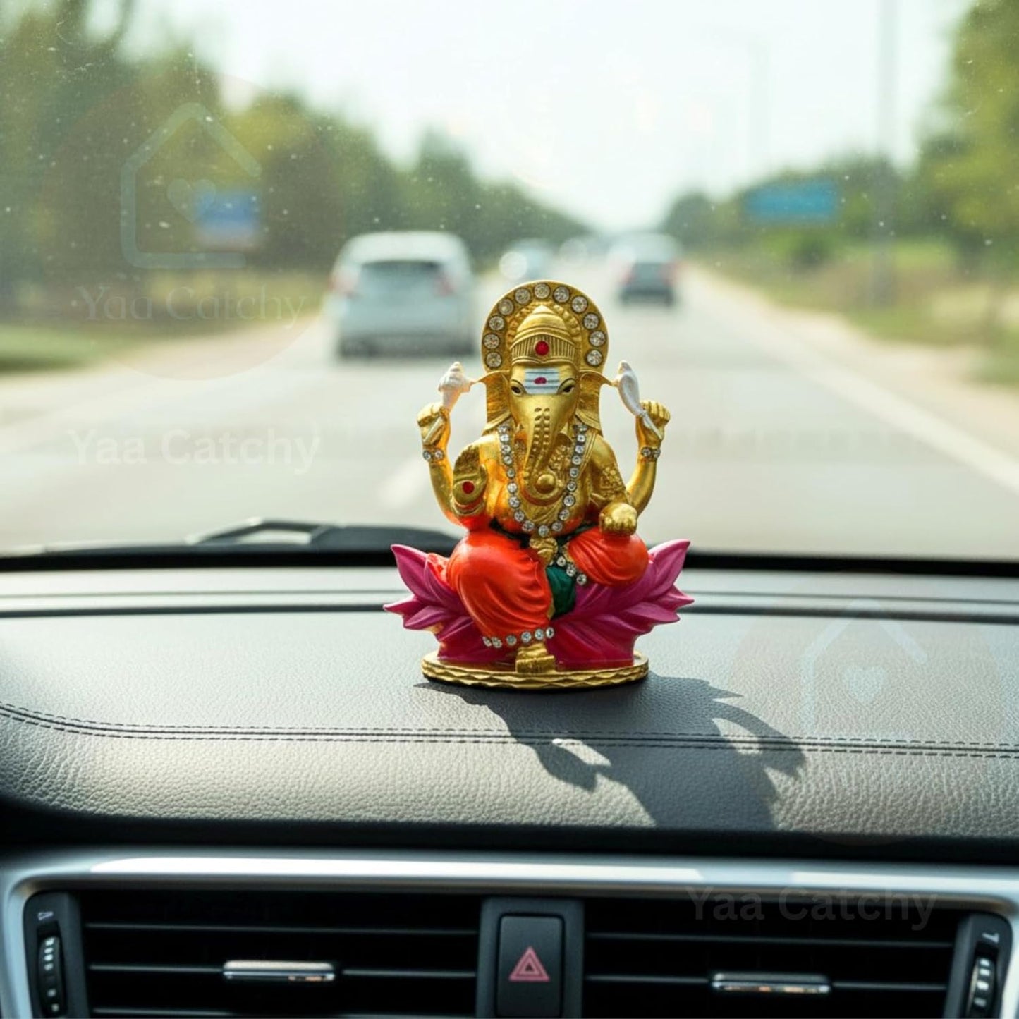Yaa Catchy Lord Ganesha Car Dashboard Idol & Crystal Stones Lotus Base Design Hindu God Ganpati.Believed to Protect and Bless Travelers on Their Journeys. (Color)