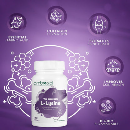 Veg Essentials L-Lysine supplement bottle with health benefits on a purple background