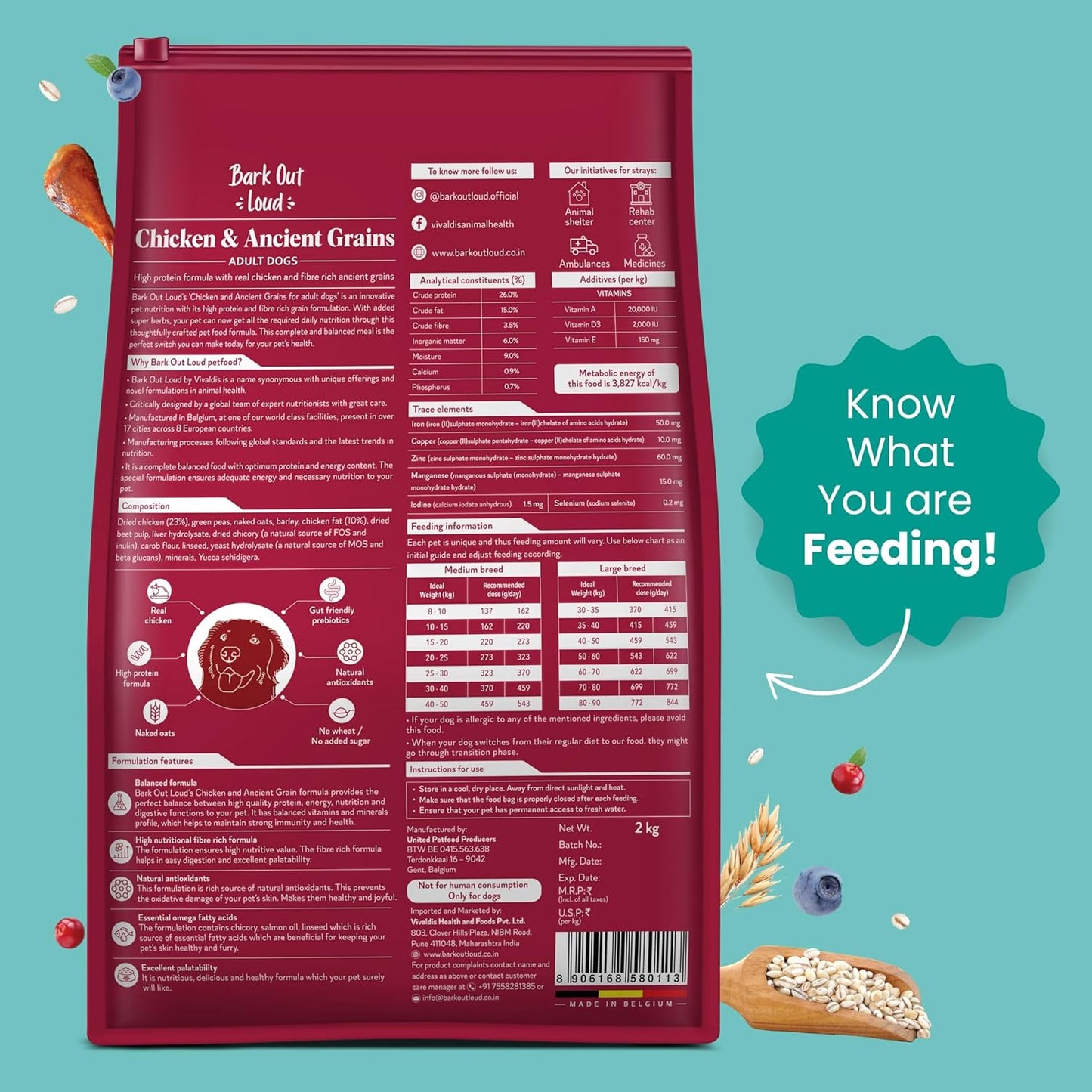 Bark Out Loud Adult Dry Dog Food, Chicken & Ancient Grains | Low Grain Dry Dog Food for Medium & Large Breeds | High Protein Kibbles with Prebiotics, Super Herbs, Antioxidants & Fibre 2 kg | Low Grain, Antioxidants Fibre, Prebiotics & Super Herbs