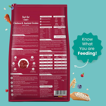 Bark Out Loud Adult Dry Dog Food, Chicken & Ancient Grains | Low Grain Dry Dog Food for Medium & Large Breeds | High Protein Kibbles with Prebiotics, Super Herbs, Antioxidants & Fibre 2 kg | Low Grain, Antioxidants Fibre, Prebiotics & Super Herbs