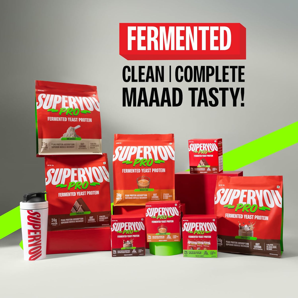 Superyou Pro protein powder packages with promotional text on a gray background