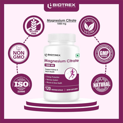 Biotrex Nutraceuticals Magnesium Citrate Supplement, Supports Bone & Sleep Health - 120 Vegetarian Capsules