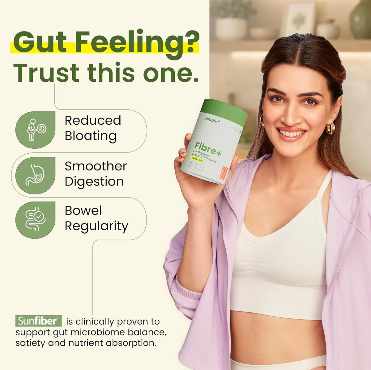 Supply6 Fibre+ Daily Fiber Supplement Powder, Soluble & Dietary Fiber, Isabgol Replacer for Digestive Support, Gut Health & Debloat, No Added Sugar, Non-GMO Sachets (Zesty Lime, 15 Servings)