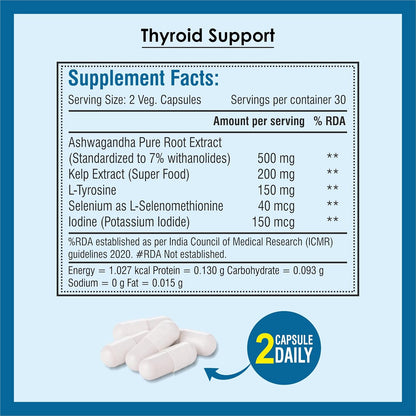 Biotrex Nutraceuticals Thyroid Care Supplement With Ashwagandha, Kelp, Selenium, L-Tyrosine & Iodine | Supports Thyroid Health & Mood Balance | Enhances Energy - 60 Vegetarian Capsules