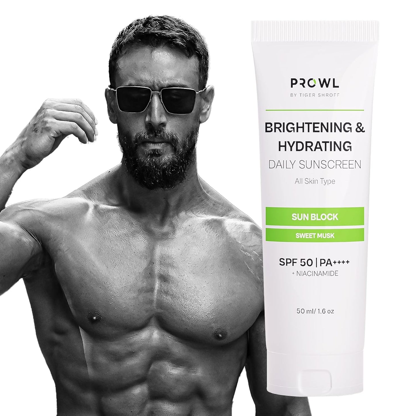 PROWL by Tiger Shroff Brightening and Hydrating Sunscreen SPF 50 PA++++ with Niacinamide for Oily, Dry, Acne Prone Skin for Men Protection | No White Cast Face Sun Screen | Non-Greasy Texture Gel Suncream | Sweet Musk | 50ml