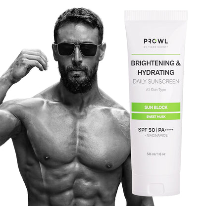 PROWL by Tiger Shroff Brightening and Hydrating Sunscreen SPF 50 PA++++ with Niacinamide for Oily, Dry, Acne Prone Skin for Men Protection | No White Cast Face Sun Screen | Non-Greasy Texture Gel Suncream | Sweet Musk | 50ml