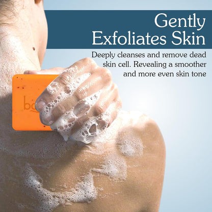 Person using a scrubber on their shoulder with text about skin exfoliation.