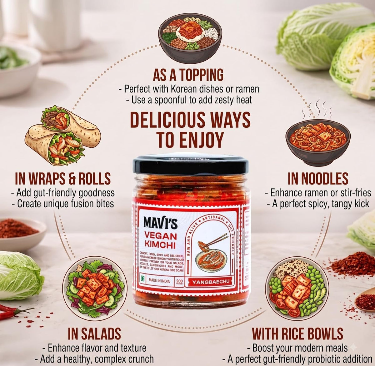 MAVI's Veg Kimchi | Korean Cabbage Kimchi | Artisanal Probiotic Pickle | Vegan | No Preservatives, No Artificial Flavour or Colour | Pack of 1 (200g)