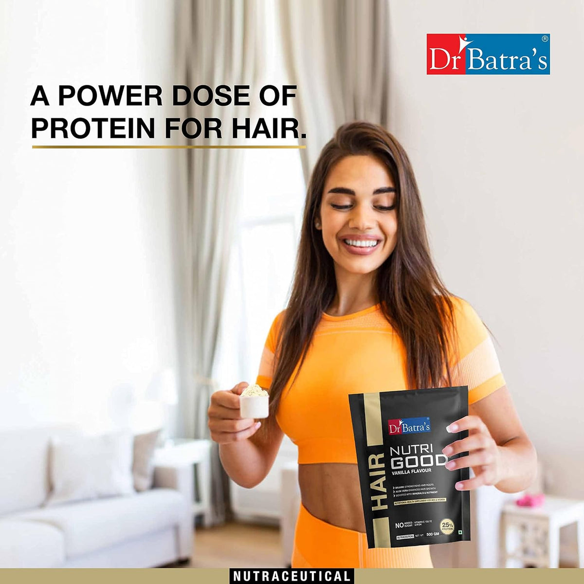 Dr Batra’s Nutrigood Hair Protein Powder 500g Vanilla with Brahmi, Biotin, Collagen & Keratin | Supplement for Hair Fall Control, Hair Growth, Stronger Thicker Hair & Scalp Nourishment | For Men & Women