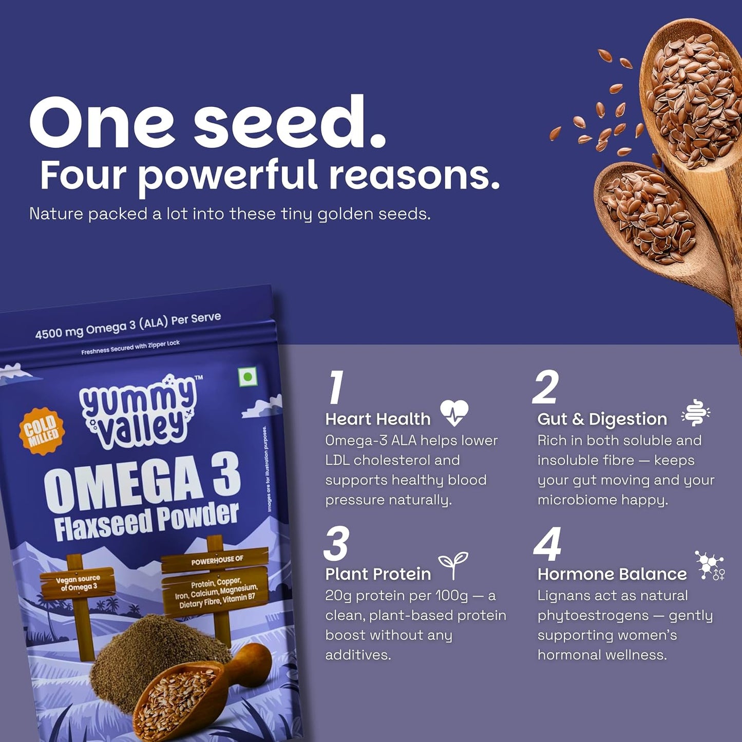Yummy Valley Omega 3 Flaxseed Powder, 230g | Cold Milled Rich | 4.5g ALA per Serve | High Protein High Fibre | Vegan Plant Based Superfood | Gluten Free | Daily Wellness Nutrition for Women & Men