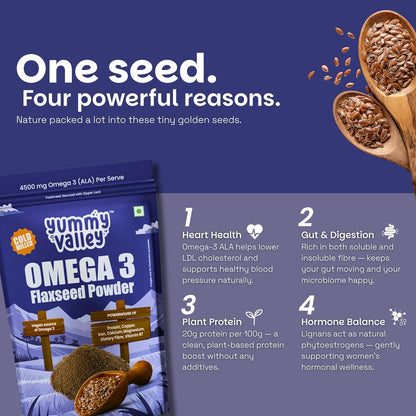 Yummy Valley Omega 3 Flaxseed Powder, 230g | Cold Milled Rich | 4.5g ALA per Serve | High Protein High Fibre | Vegan Plant Based Superfood | Gluten Free | Daily Wellness Nutrition for Women & Men