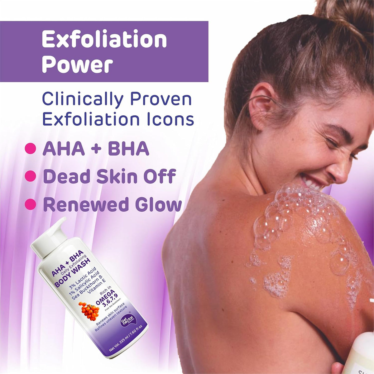 Woman using exfoliating body wash with product packaging and text about exfoliation benefits on a purple background.