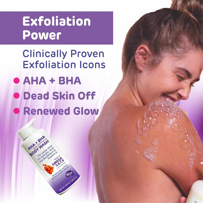 Woman using exfoliating body wash with product packaging and text about exfoliation benefits on a purple background.