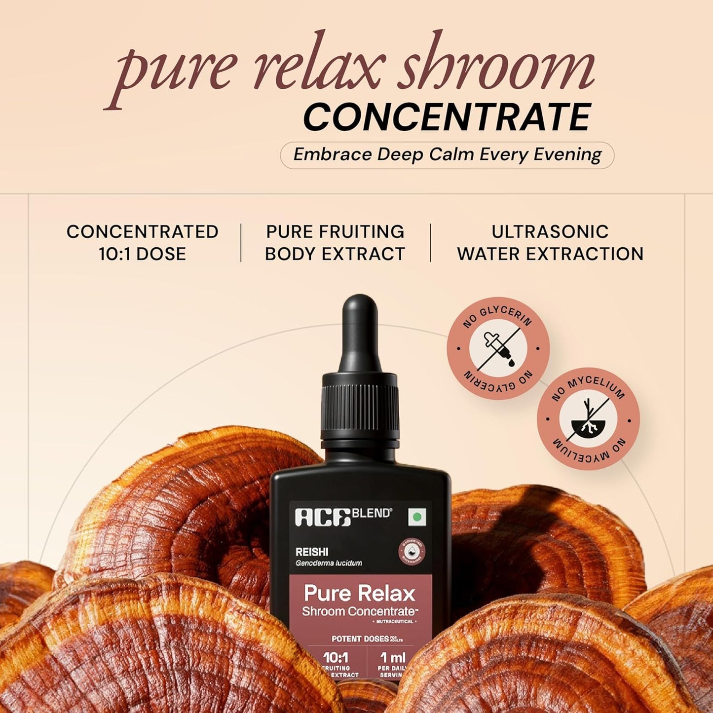 Ace Blend Energy Shroom Concentrate | Reishi Mushroom Extract Liquid | 30ml, 30 servings | 10:1 Concentrate | Ultrasonic Extracted Mushroom Blend | Daily Supplement | For Mind & Body Relaxation