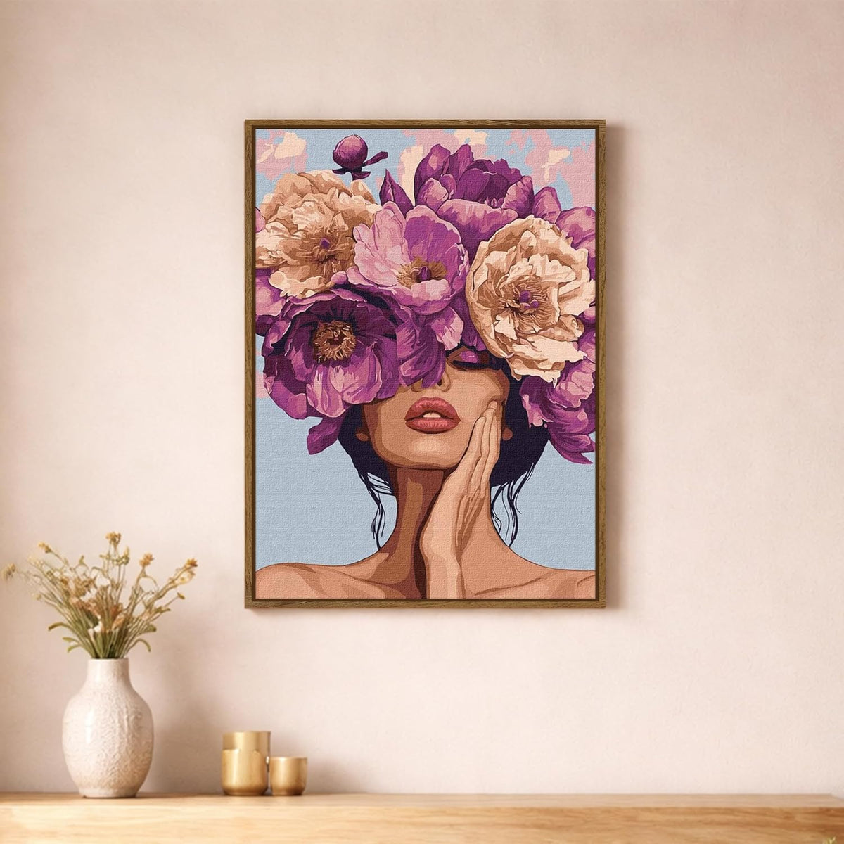 Floral Woman Portrait Framed Canvas Painting For Living Room | Aesthetic Flower Face Wall Art For Livingroom Wall Decor, Home Decor, Bedroom, Hallway's, Office, Hotel - 43x58 cm