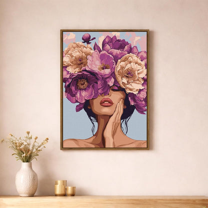 Floral Woman Portrait Framed Canvas Painting For Living Room | Aesthetic Flower Face Wall Art For Livingroom Wall Decor, Home Decor, Bedroom, Hallway's, Office, Hotel - 43x58 cm