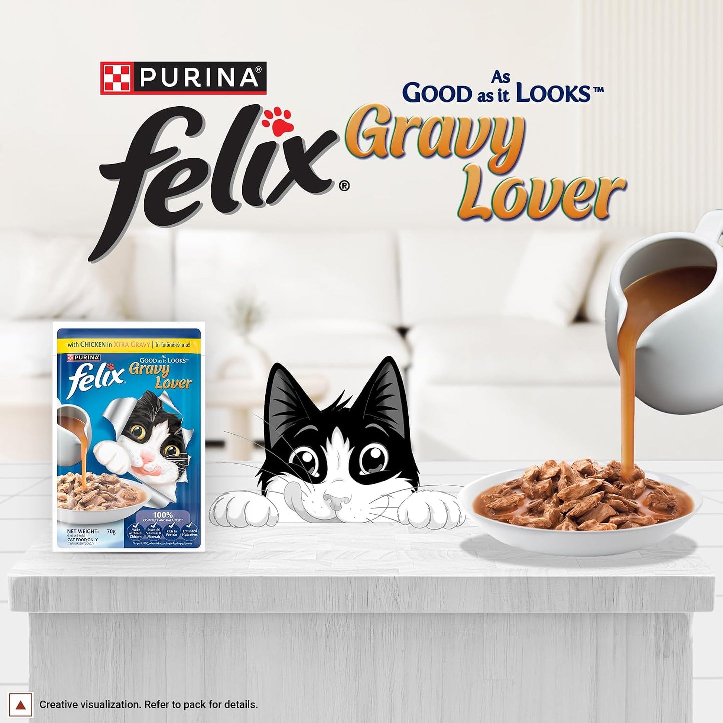 Purina Felix Chicken Gravy Lover, Wet Food for Adult Cats, 70g Pouch | With Chicken in Gravy, Tasty Meaty Chunks, 100% Complete & Balanced Nutrition, Vitamins D & E, Omega 6, Essential Minerals