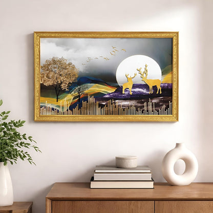 3D Golen Foil Modern Art Positive Vibes Landscape | Framed Painting | Ready to Hang - (Multicolor, 14 Inch x 20 Inch)
