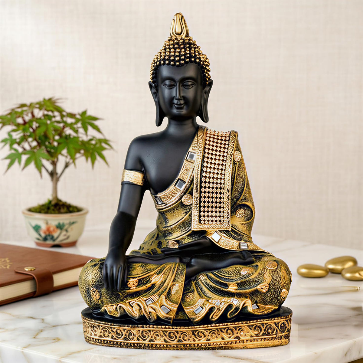 Buddha Idol Statue | Home Decoration Items for Living Room (Brown Black)