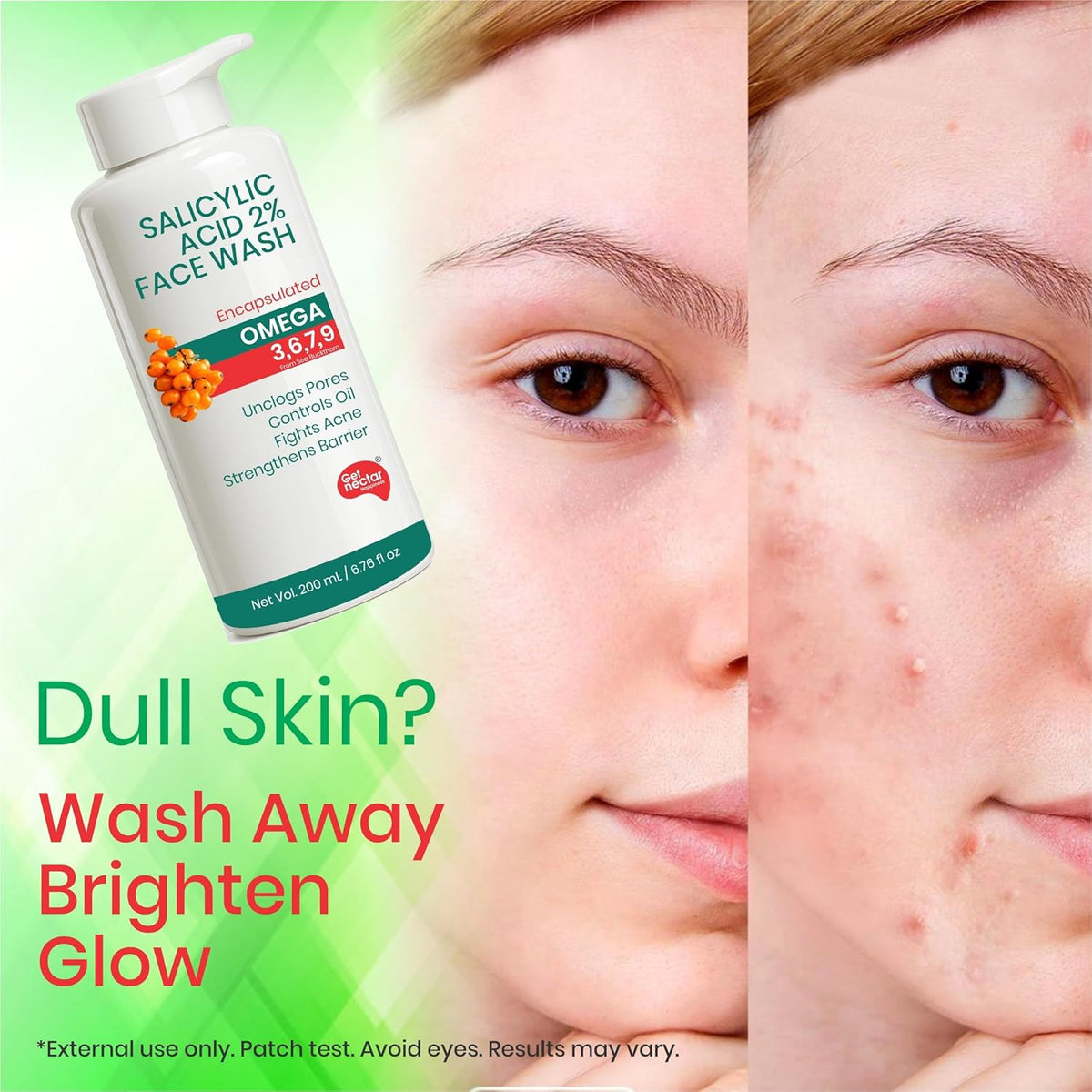 Face wash bottle with before and after effects on skin, green background