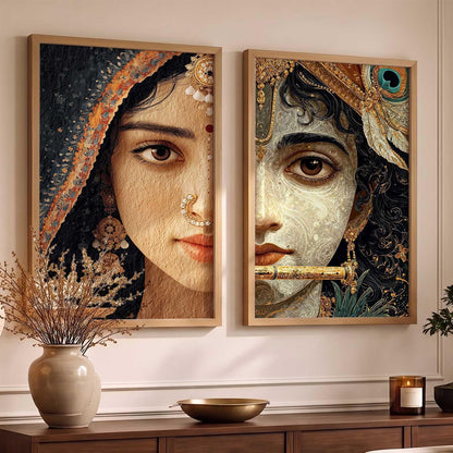 Set of 2 Framed Wall Art Prints, Premium HD Modern Wall Decor for Living Room, Bedroom, Office & Home, Abstract, Spiritual, Floral, Nature, Botanical & Boho Artwork, Ready to Hang (Radha krishna 1, 13X19, Brown)