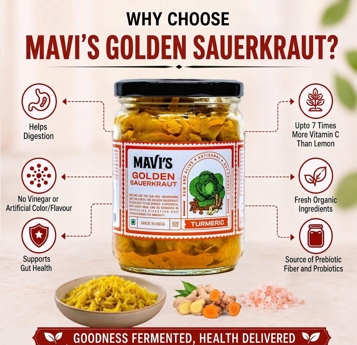MAVI's Golden Sauerkraut| Spicy, Organic & Natural Cabbage & Fresh Turmeric | Gut friendly | 100% Natural & Vegan | No Preservatives | No Artificial Flavour or Colour | 500g (Pack of 1)
