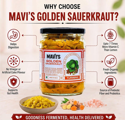 MAVI's Golden Sauerkraut| Spicy, Organic & Natural Cabbage & Fresh Turmeric | Gut friendly | 100% Natural & Vegan | No Preservatives | No Artificial Flavour or Colour | 500g (Pack of 1)