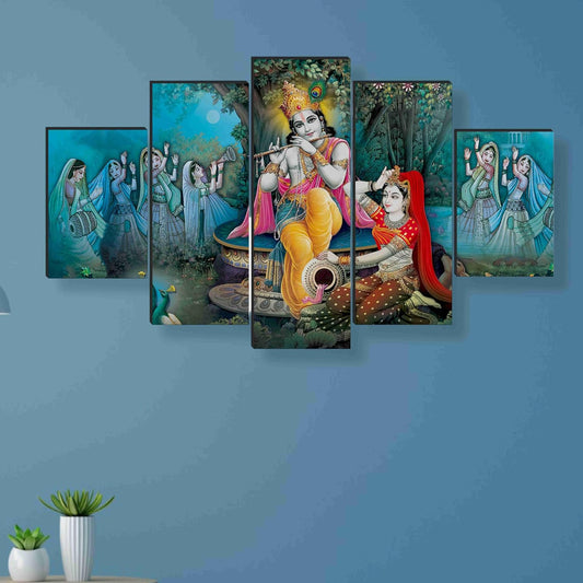 Radha krishna Paintings for Wall Decoration - Set Of Five, 3d modern art Painting for Living Room Large Size with Frames for Home Decoration, Hotel, Office 76.2 cm x 45 cm SANFPNLS35448