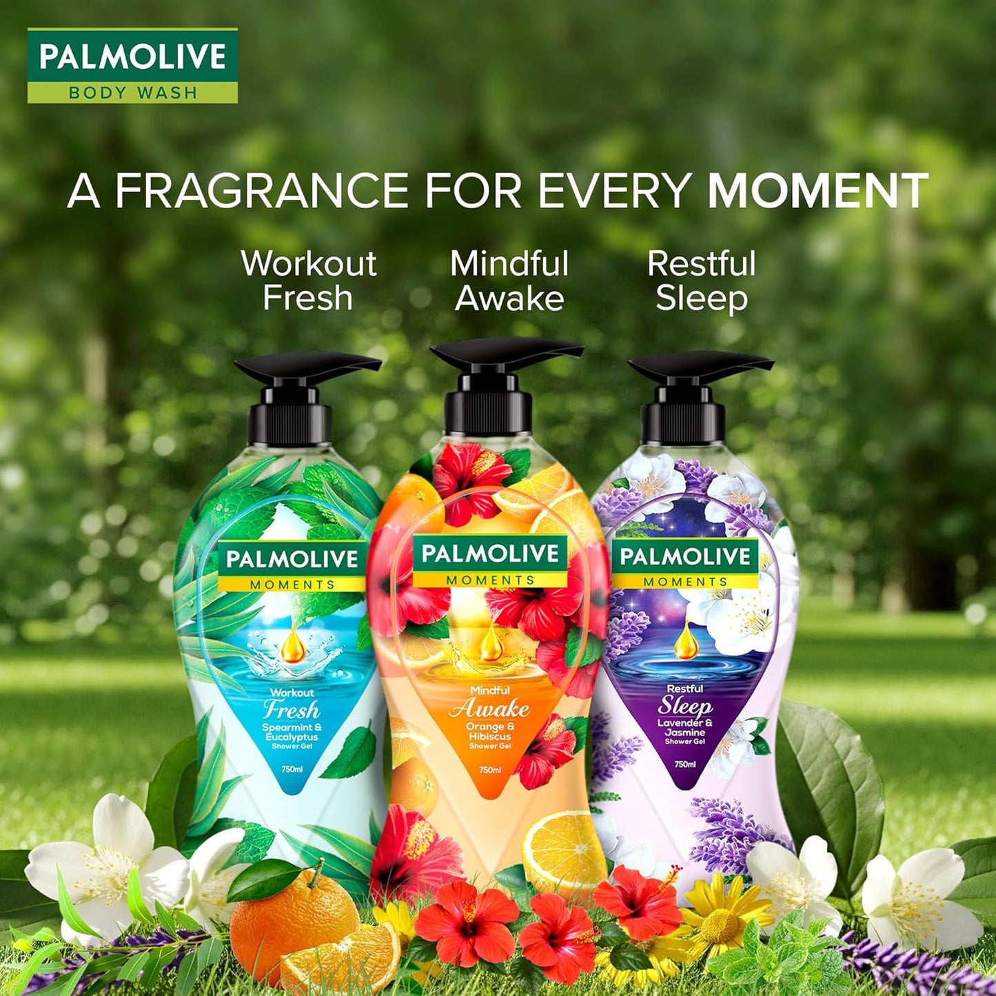 Palmolive Mindful Awake Body Wash, 750ml Shower Gel Single Pump Bottle, 100% Natural Orange & Hibiscus Extracts, pH Balanced Bodywash, Free of Parabens & Silicones