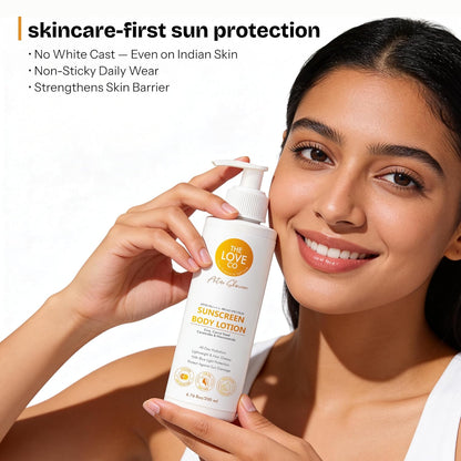 Woman holding a bottle of sunscreen lotion with product details on a white background