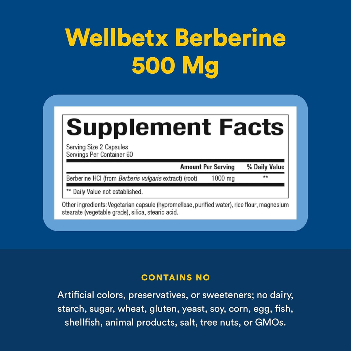 Supplement facts label for Wellbetx Berberine 500 Mg on a blue background