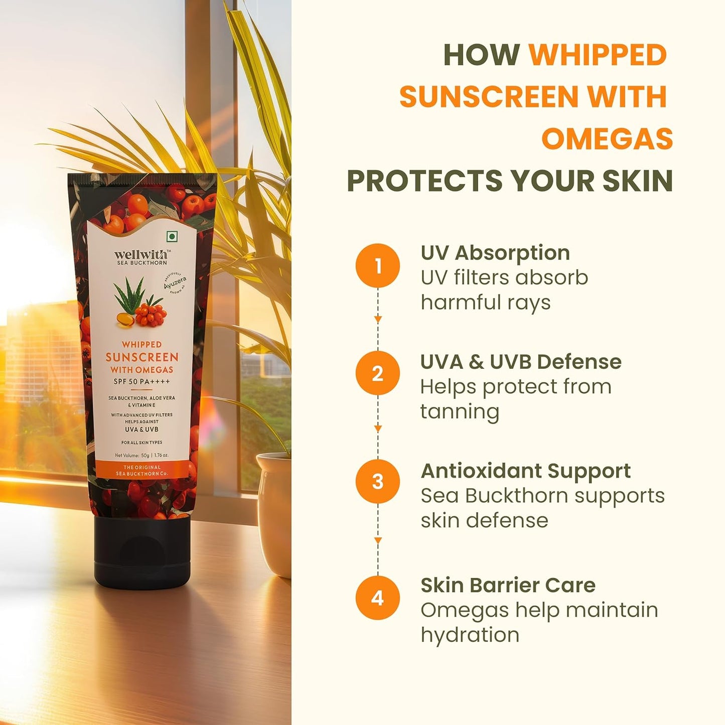 WellWith SPF 50 PA ++++ Whipped Sunscreen with Sea Buckthorn , Aloe Vera , Vitamin E | Broad Spectrum UVA & UVB Protection | Hyper Pigmentation , Lightweight, Hydrating , Non-Greasy | Daily Sunscreen for All Skin Types | 50gm