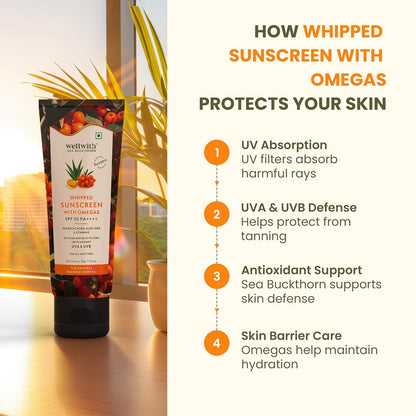 WellWith SPF 50 PA ++++ Whipped Sunscreen with Sea Buckthorn , Aloe Vera , Vitamin E | Broad Spectrum UVA & UVB Protection | Hyper Pigmentation , Lightweight, Hydrating , Non-Greasy | Daily Sunscreen for All Skin Types | 50gm