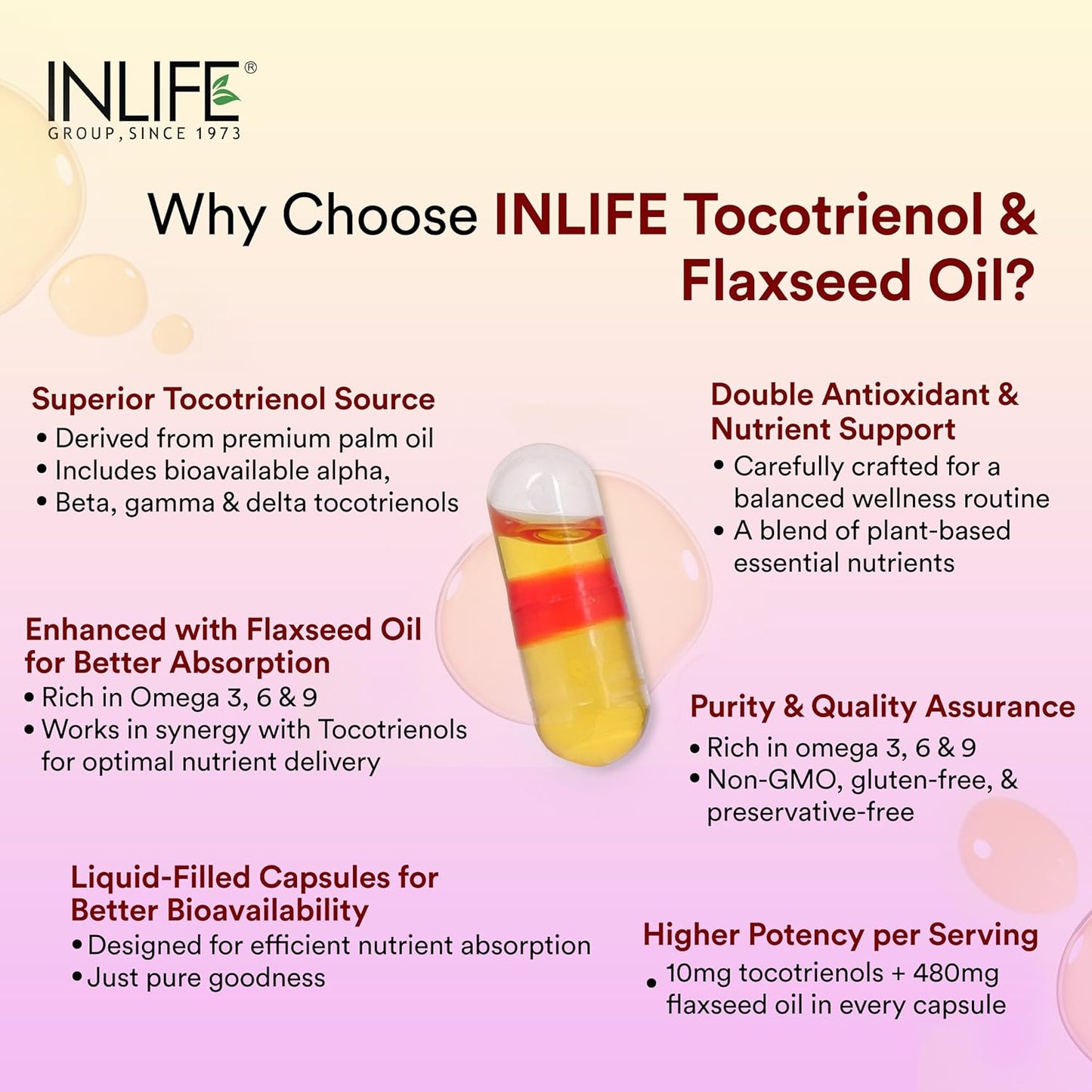 INLIFE Tocotrienol Oil 10mg (Gold Tri.E) & Flaxseed Oil 480mg Supplement | Extra Virgin Cold-Pressed Omega 3 6 9 | Supports Heart, Skin, Hair & Immune Health - 60 Vegetarian Capsules