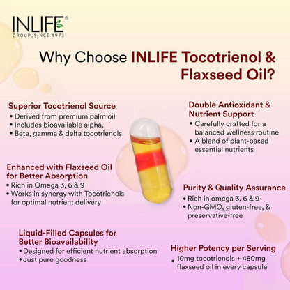 INLIFE Tocotrienol Oil 10mg (Gold Tri.E) & Flaxseed Oil 480mg Supplement | Extra Virgin Cold-Pressed Omega 3 6 9 | Supports Heart, Skin, Hair & Immune Health - 60 Vegetarian Capsules